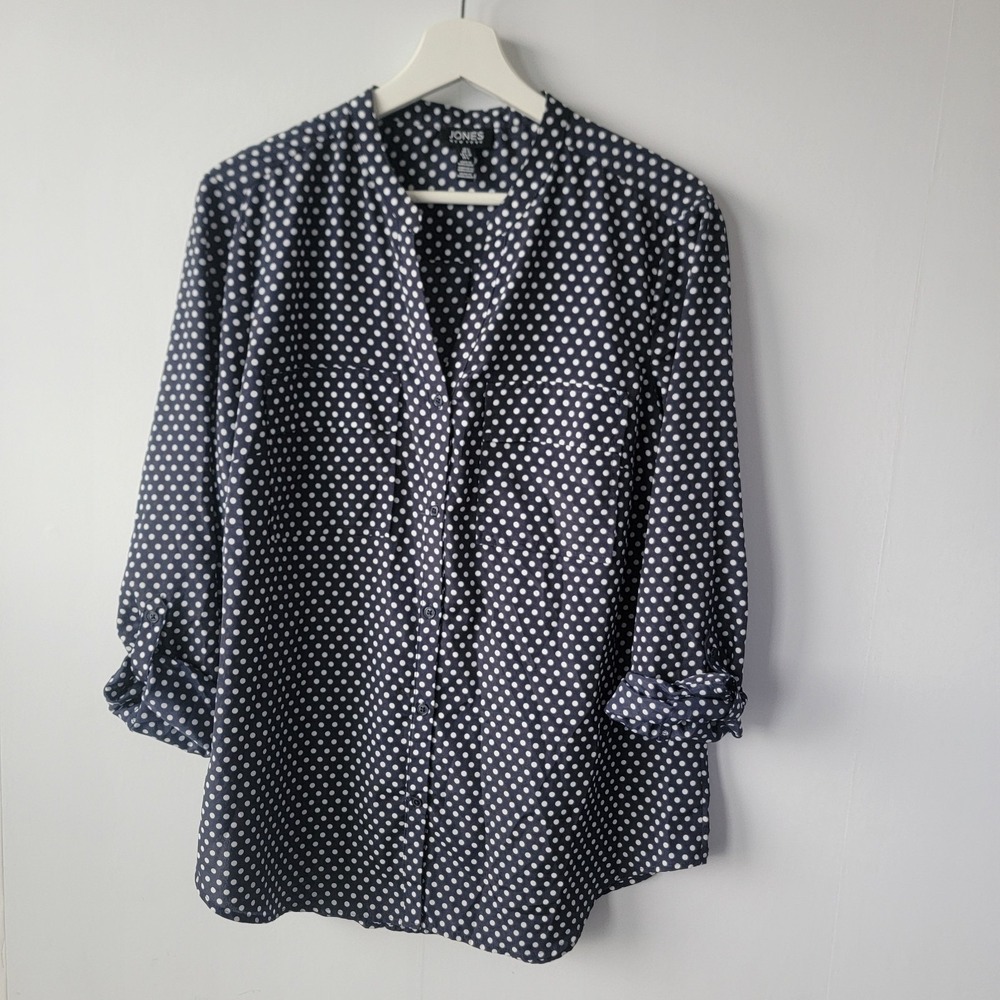 Jones new york women's polka dot roll-tab sleeve shirt sz L button front Classic
